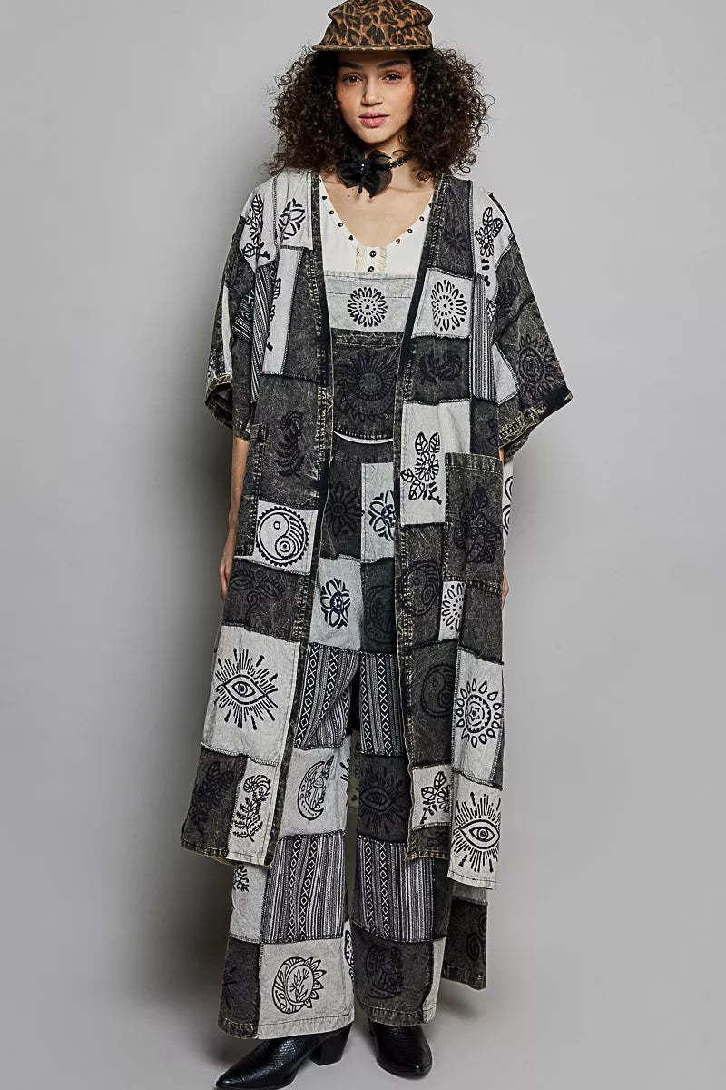 POL Open Front Printed Patchwork Longline Cardigan - Bitsy Gypsy Boutique