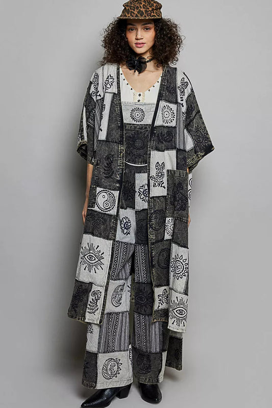 POL Open Front Printed Patchwork Longline Cardigan - Bitsy Gypsy Boutique