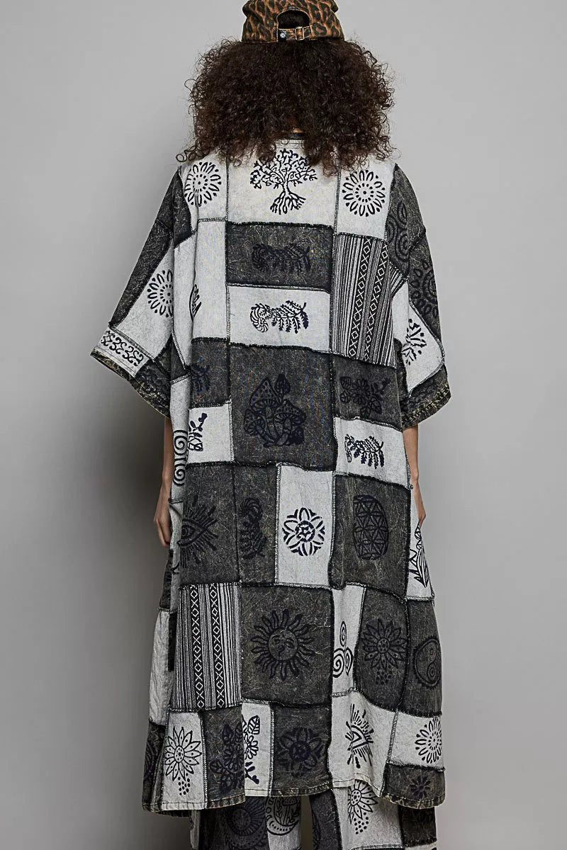 POL Open Front Printed Patchwork Longline Cardigan - Bitsy Gypsy Boutique