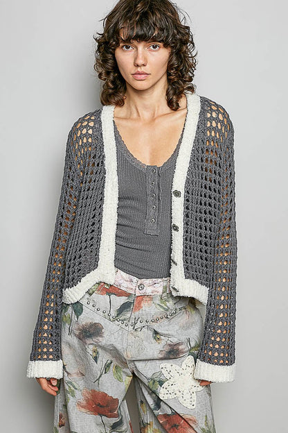 POL Openwork Contrast Cardigan with Floral Metal Button - Bitsy Gypsy Boutique