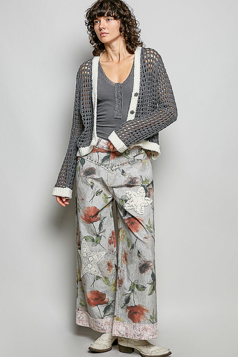 POL Openwork Contrast Cardigan with Floral Metal Button - Bitsy Gypsy Boutique