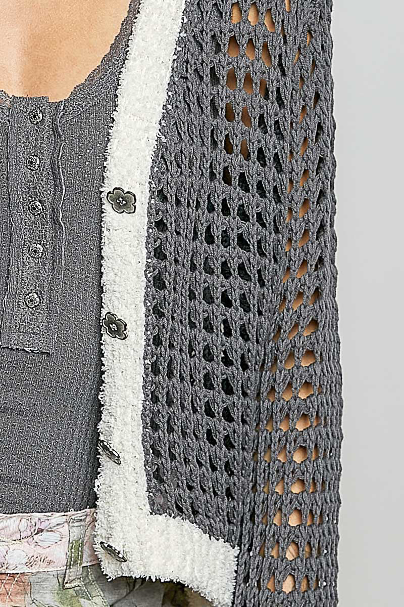 POL Openwork Contrast Cardigan with Floral Metal Button - Bitsy Gypsy Boutique