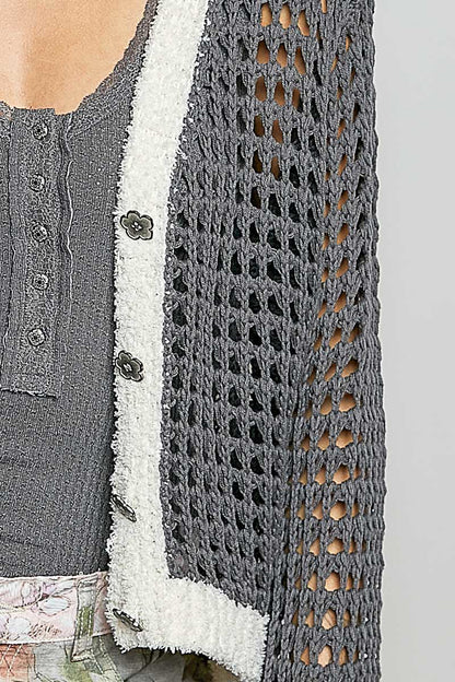 POL Openwork Contrast Cardigan with Floral Metal Button - Bitsy Gypsy Boutique