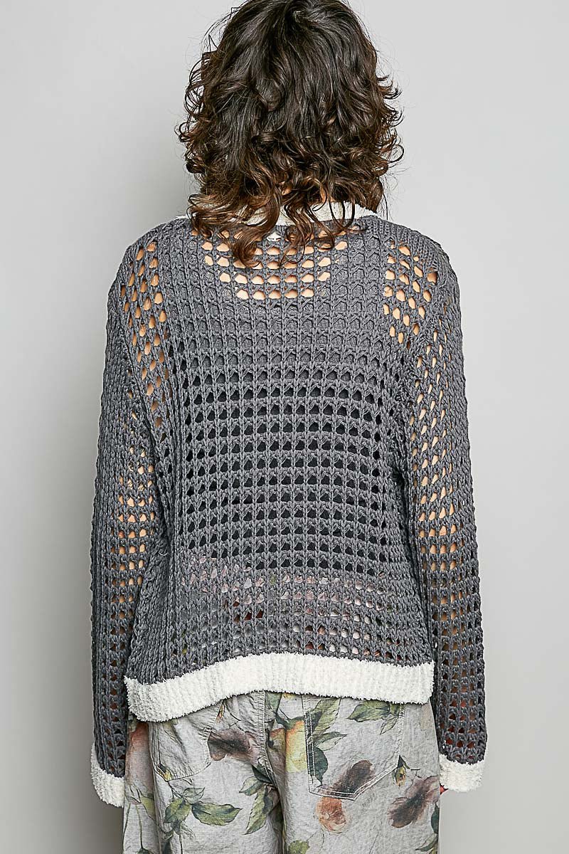 POL Openwork Contrast Cardigan with Floral Metal Button - Bitsy Gypsy Boutique