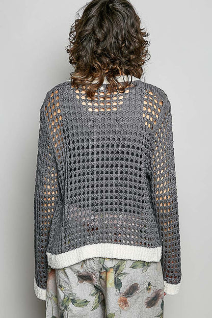 POL Openwork Contrast Cardigan with Floral Metal Button - Bitsy Gypsy Boutique