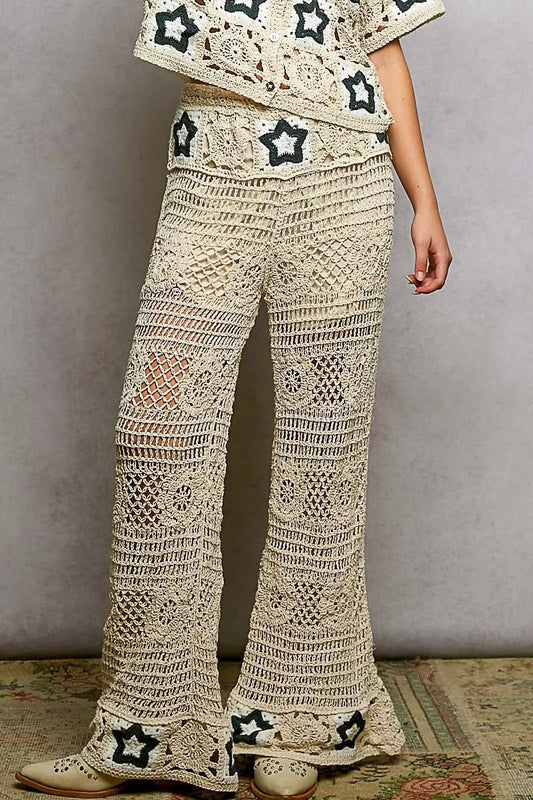 POL Openwork Crochet Flare Pants with Contrast Star - Bitsy Gypsy Boutique
