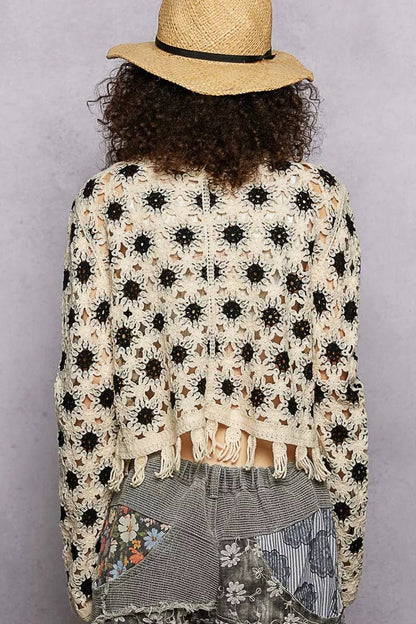 POL Openwork Floral Crochet Cardigan with Tassel Hem - Bitsy Gypsy Boutique