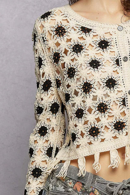 POL Openwork Floral Crochet Cardigan with Tassel Hem - Bitsy Gypsy Boutique