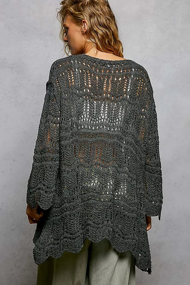 POL Openwork Lightweight Open Front Cardigan with Scalloped Edge - Bitsy Gypsy Boutique