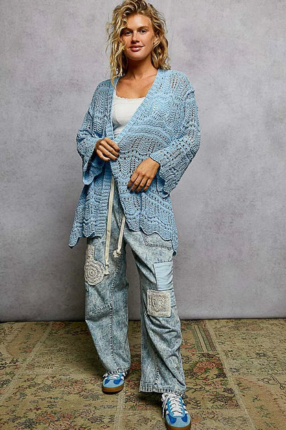 POL Openwork Lightweight Open Front Cardigan with Scalloped Edge - Bitsy Gypsy Boutique