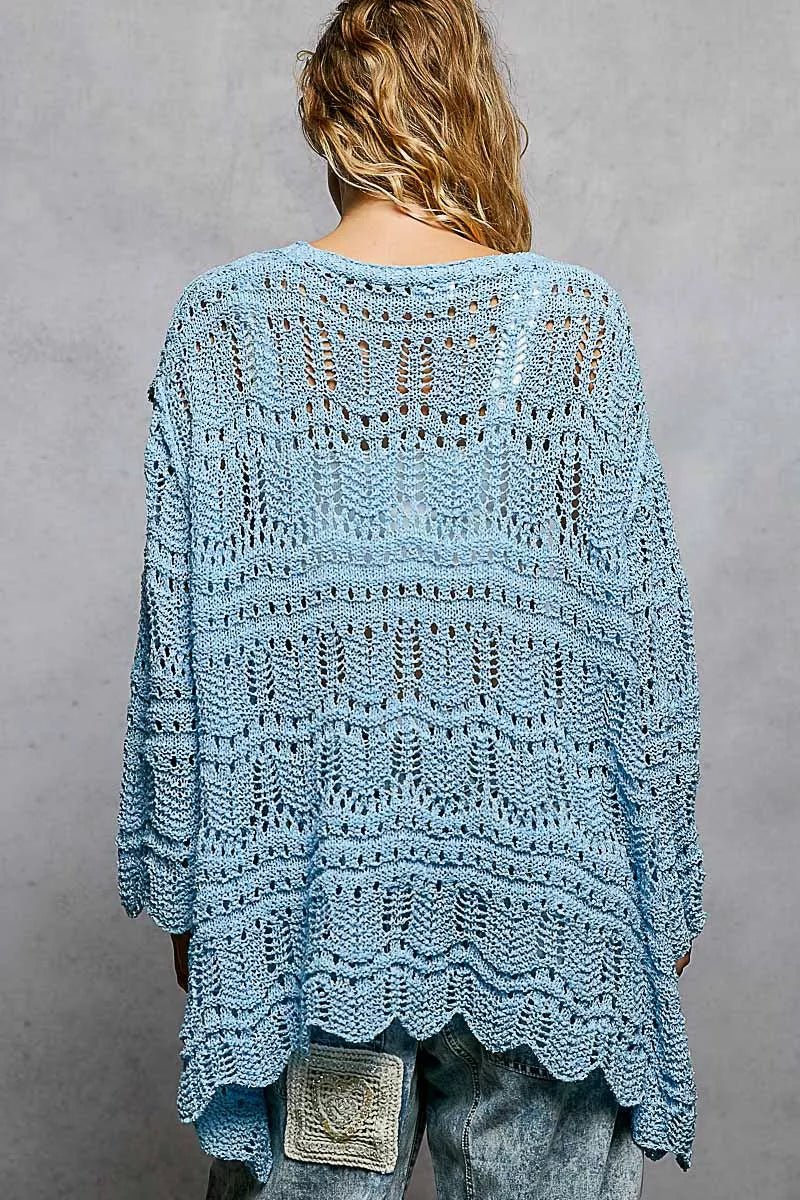 POL Openwork Lightweight Open Front Cardigan with Scalloped Edge - Bitsy Gypsy Boutique