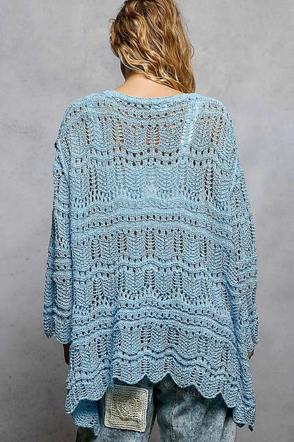 POL Openwork Lightweight Open Front Cardigan with Scalloped Edge - Bitsy Gypsy Boutique
