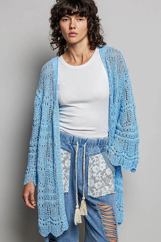 POL Openwork Lightweight Open Front Cardigan with Scalloped Edge - Bitsy Gypsy Boutique
