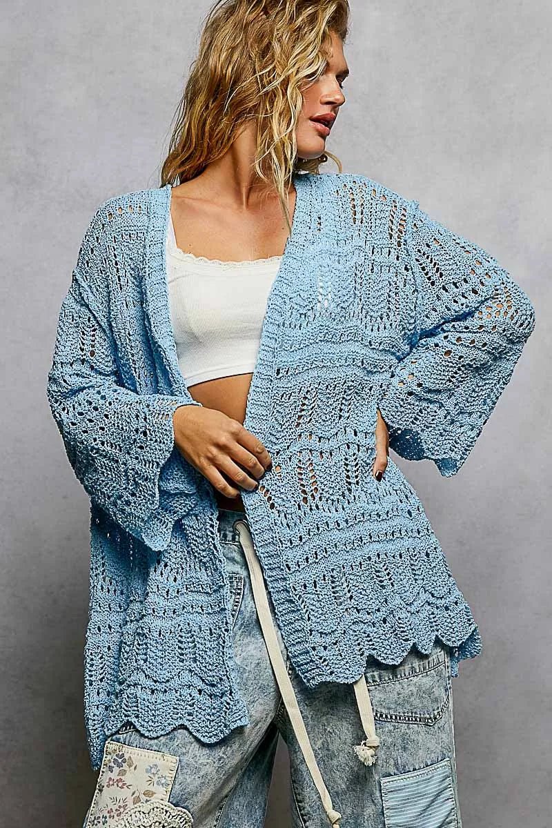POL Openwork Lightweight Open Front Cardigan with Scalloped Edge - Bitsy Gypsy Boutique