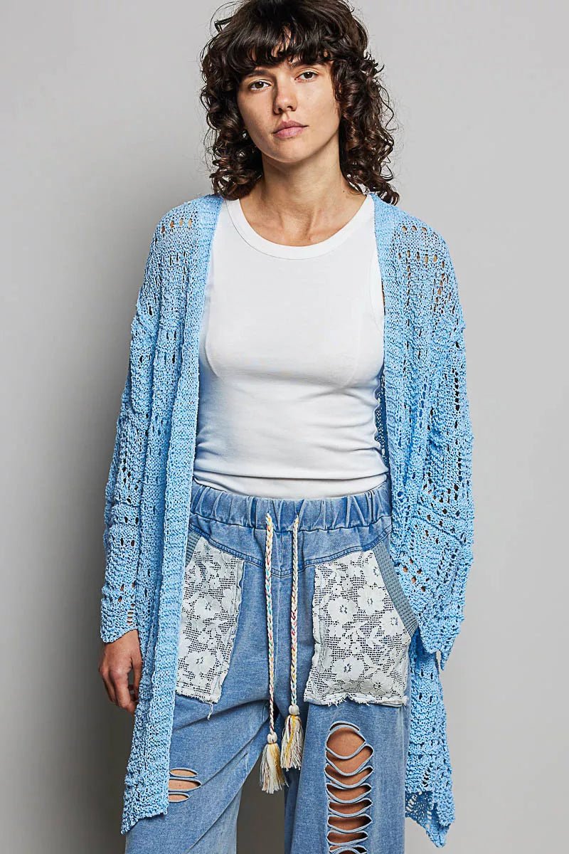 POL Openwork Lightweight Open Front Cardigan with Scalloped Edge - Bitsy Gypsy Boutique