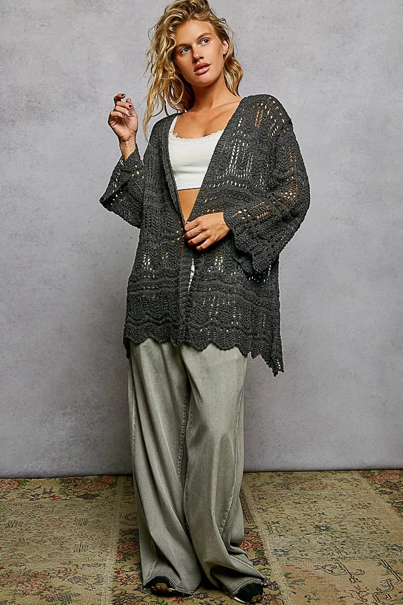 POL Openwork Lightweight Open Front Cardigan with Scalloped Edge - Bitsy Gypsy Boutique