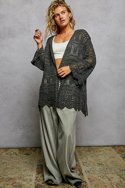 POL Openwork Lightweight Open Front Cardigan with Scalloped Edge - Bitsy Gypsy Boutique