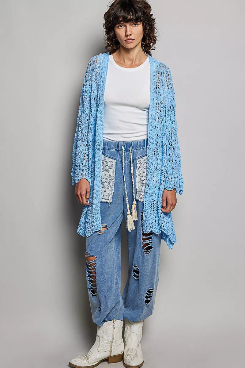 POL Openwork Lightweight Open Front Cardigan with Scalloped Edge - Bitsy Gypsy Boutique