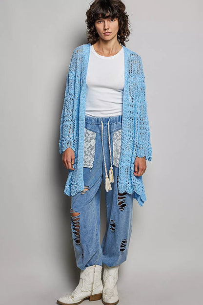 POL Openwork Lightweight Open Front Cardigan with Scalloped Edge - Bitsy Gypsy Boutique