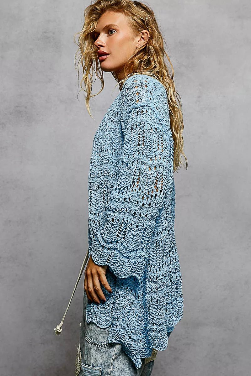 POL Openwork Lightweight Open Front Cardigan with Scalloped Edge - Bitsy Gypsy Boutique