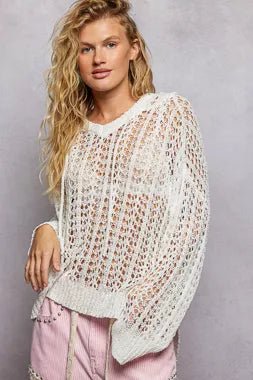 POL Openwork Round Neck High Low Knit Top - Bitsy Gypsy Boutique