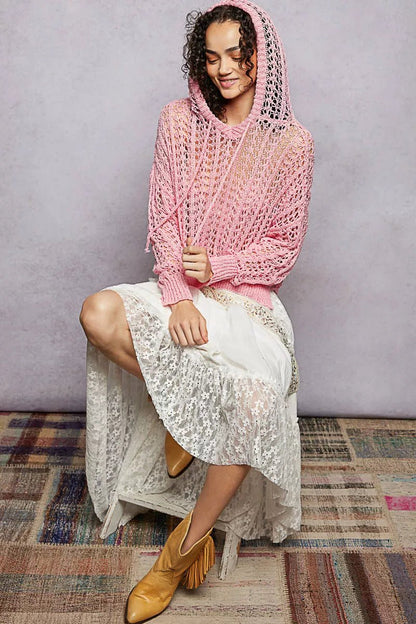 POL Openwork Round Neck High Low Knit Top - Bitsy Gypsy Boutique