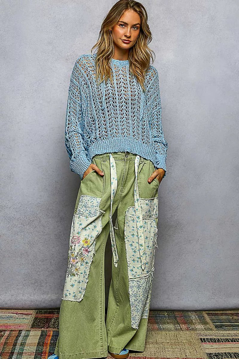 POL Openwork Round Neck High Low Knit Top - Bitsy Gypsy Boutique