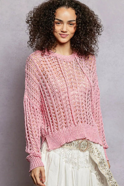 POL Openwork Round Neck High Low Knit Top - Bitsy Gypsy Boutique