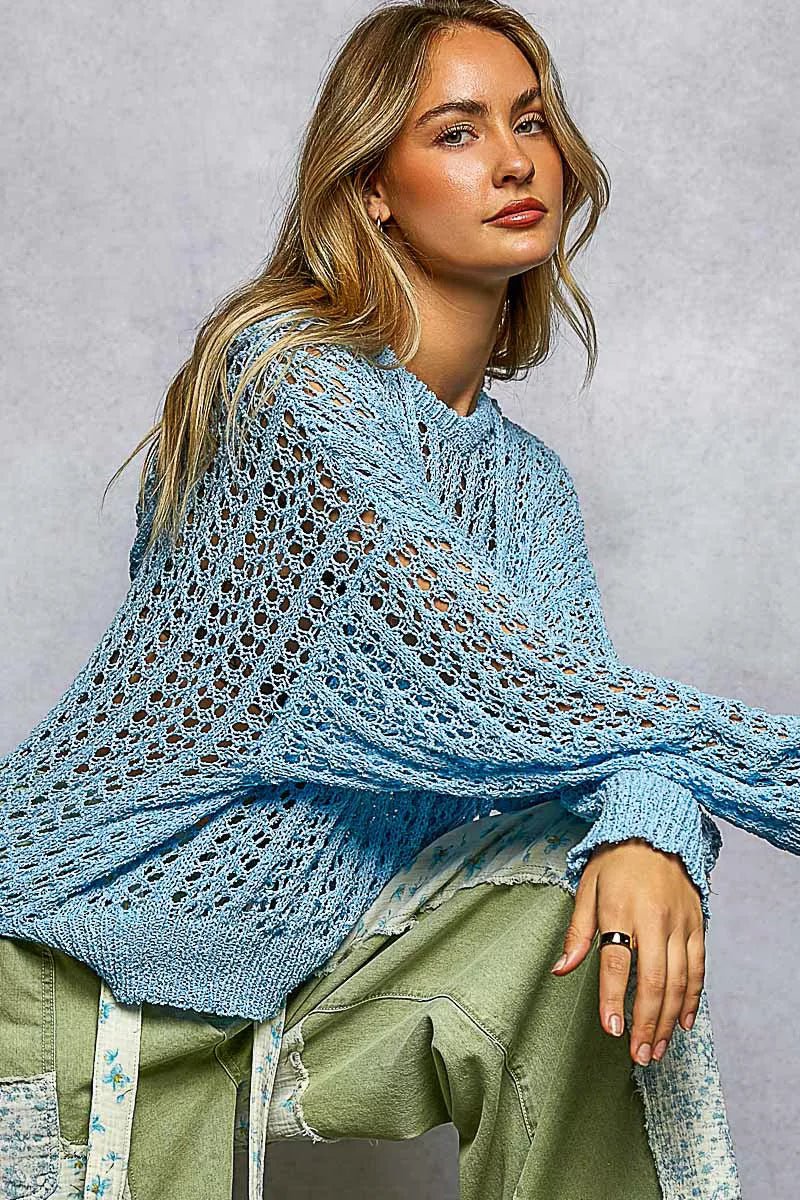 POL Openwork Round Neck High Low Knit Top - Bitsy Gypsy Boutique