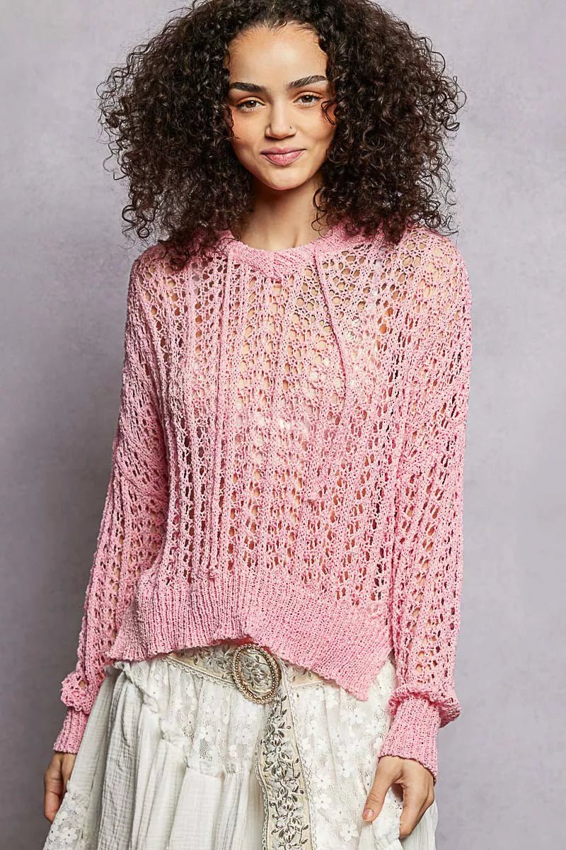 POL Openwork Round Neck High Low Knit Top - Bitsy Gypsy Boutique
