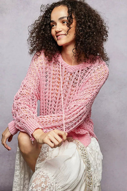 POL Openwork Round Neck High Low Knit Top - Bitsy Gypsy Boutique