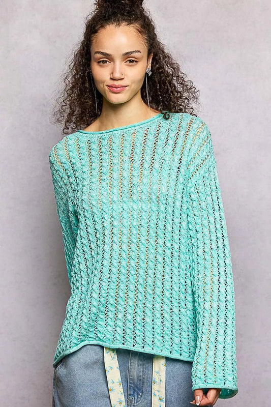 POL Openwork Round Neck Knit Top with Shiny Detail - Bitsy Gypsy Boutique