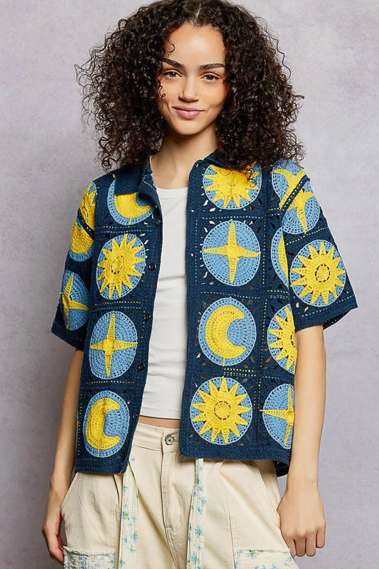POL Openwork Short Sleeve Crochet Shirt - Bitsy Gypsy Boutique
