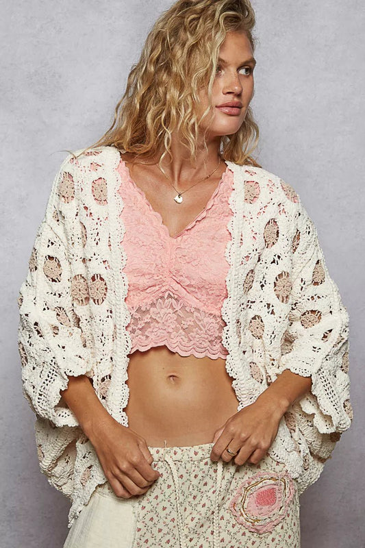 POL Openwork V - Neck Chenille Cardigan with Contrast Floral - Bitsy Gypsy Boutique