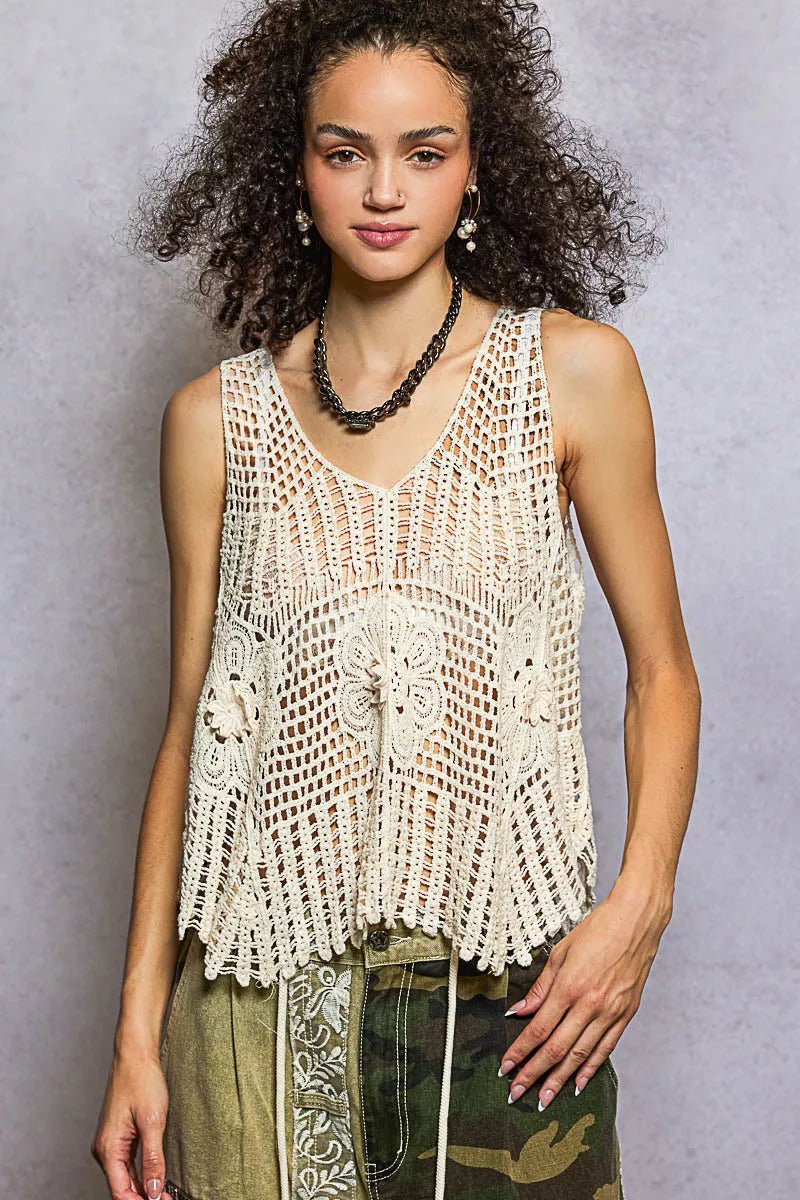 POL Openwork V - Neck Crochet Tank - Bitsy Gypsy Boutique