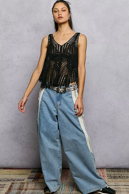 POL Openwork V - Neck Crochet Tank - Bitsy Gypsy Boutique