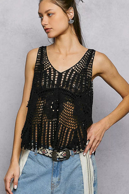 POL Openwork V - Neck Crochet Tank - Bitsy Gypsy Boutique