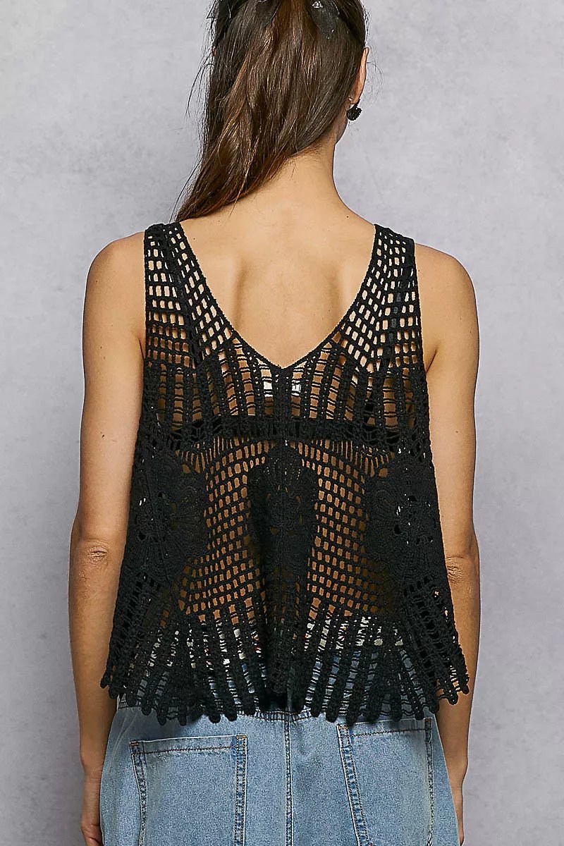 POL Openwork V - Neck Crochet Tank - Bitsy Gypsy Boutique