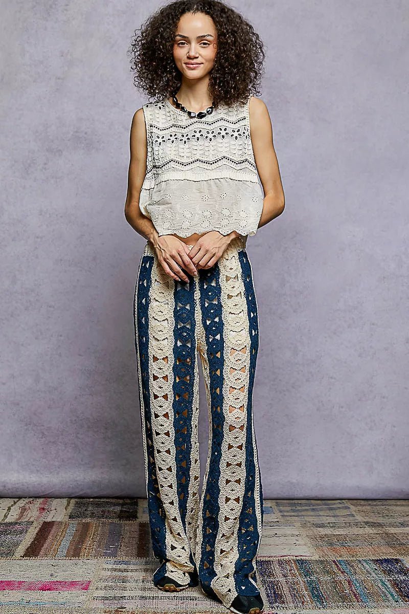 POL Openwork Wide Leg Pants with Stripe Detail - Bitsy Gypsy Boutique