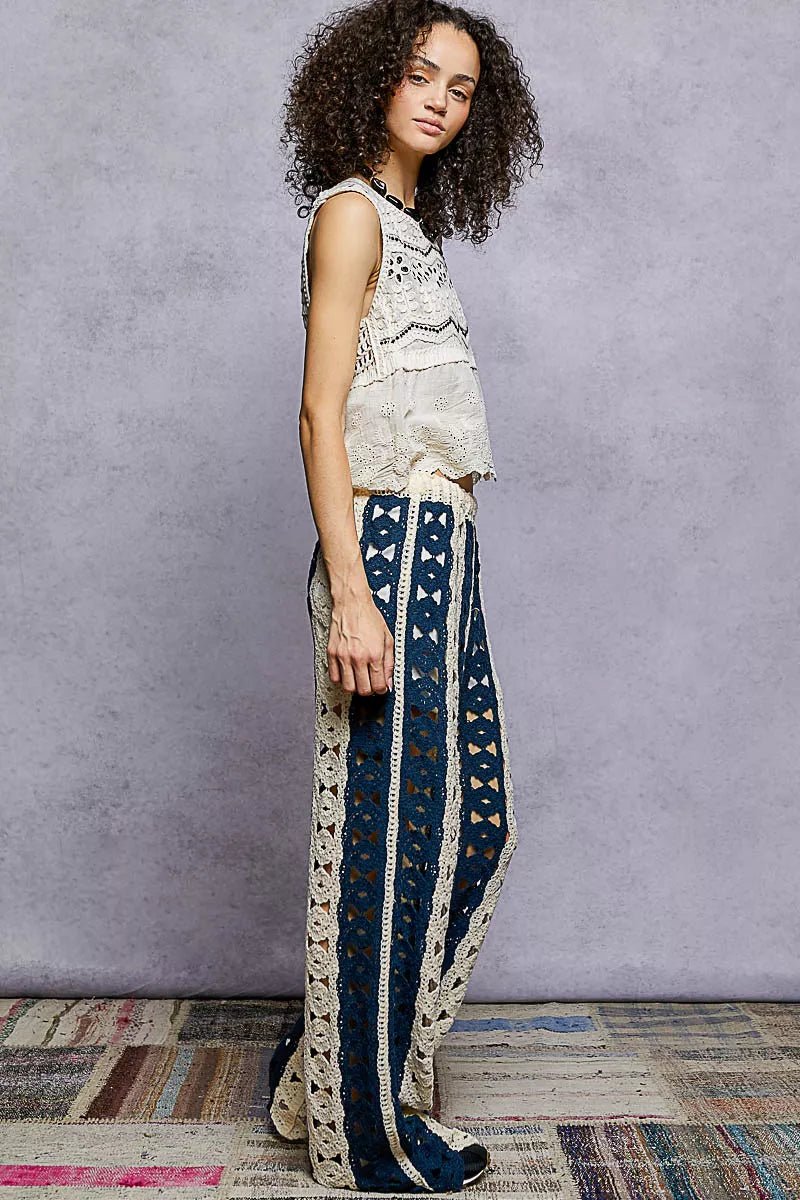 POL Openwork Wide Leg Pants with Stripe Detail - Bitsy Gypsy Boutique