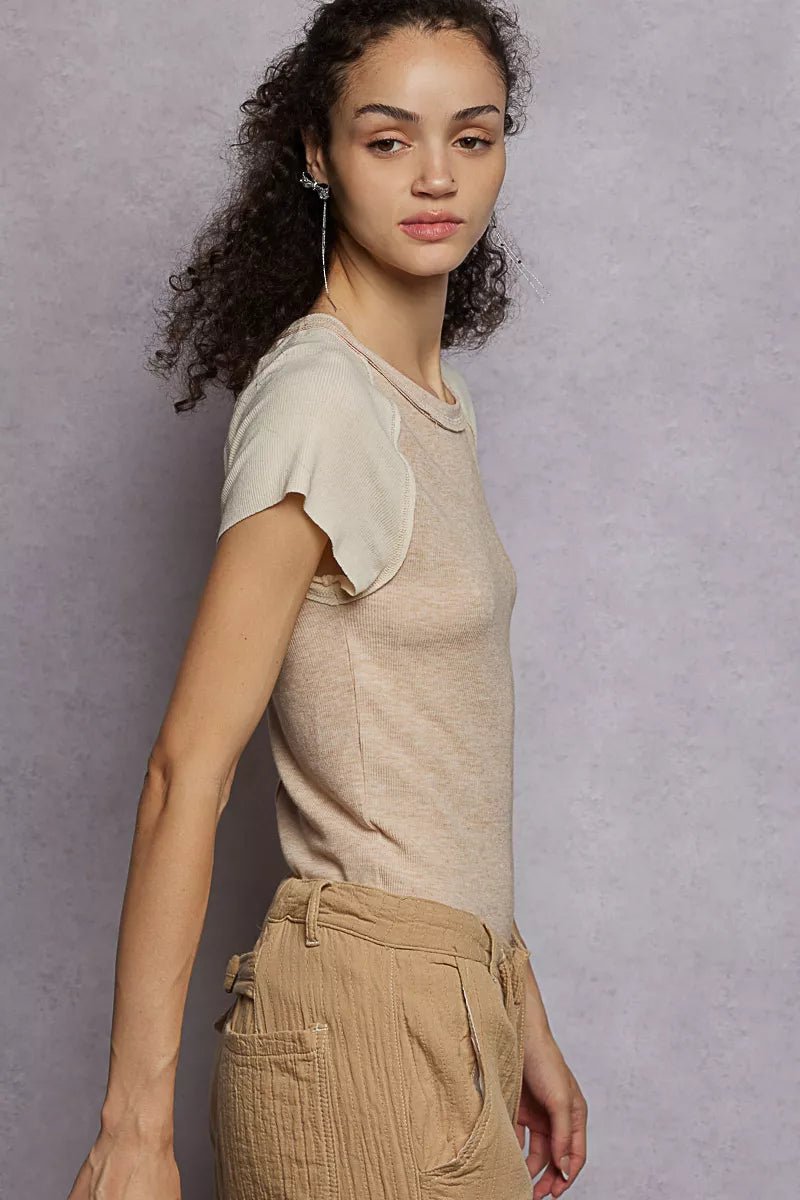 POL Outseam Detail Ribbed T-Shirt with Contrast Color Sleeves - Bitsy Gypsy Boutique