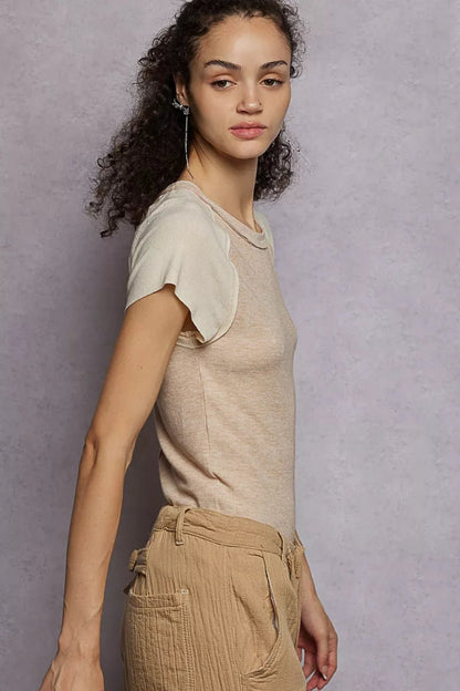 POL Outseam Detail Ribbed T-Shirt with Contrast Color Sleeves - Bitsy Gypsy Boutique