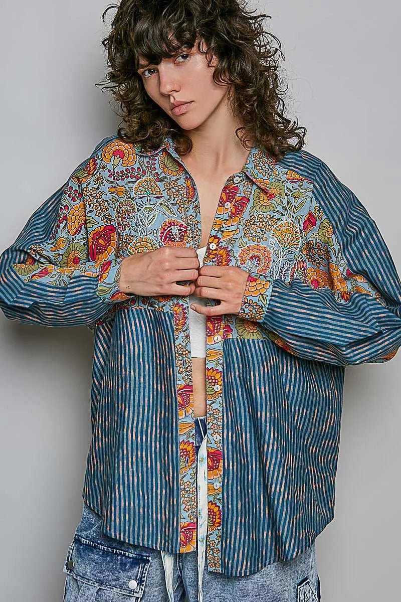 POL Patchwork Mixed Textured Paisley Floral Stripe Long Sleeve Shirt - Bitsy Gypsy Boutique