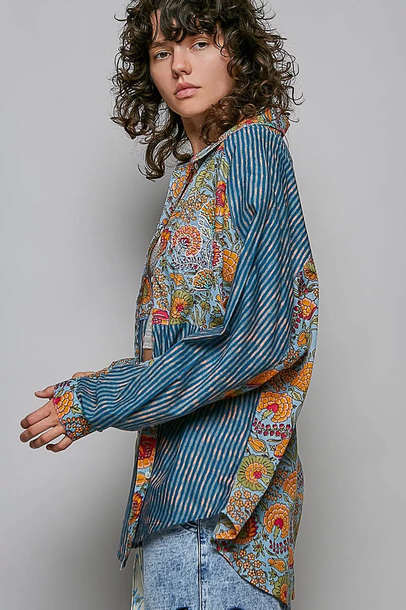 POL Patchwork Mixed Textured Paisley Floral Stripe Long Sleeve Shirt - Bitsy Gypsy Boutique