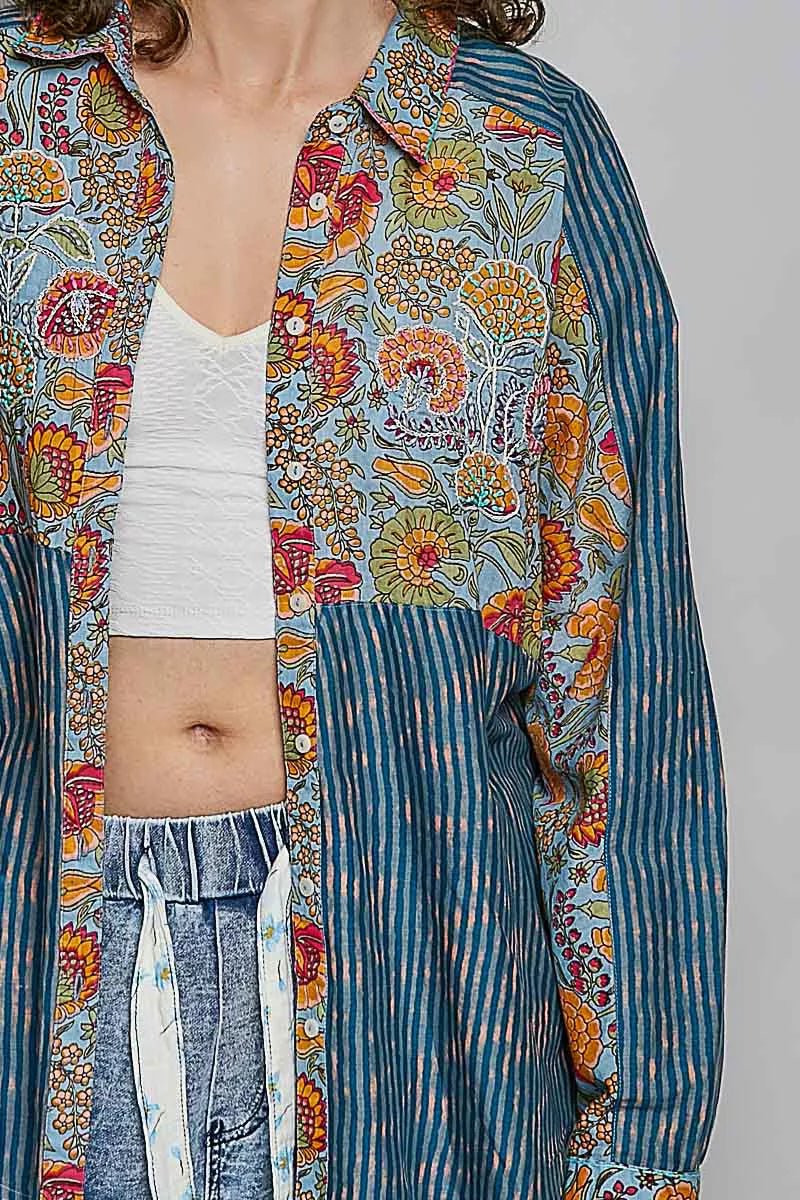 POL Patchwork Mixed Textured Paisley Floral Stripe Long Sleeve Shirt - Bitsy Gypsy Boutique