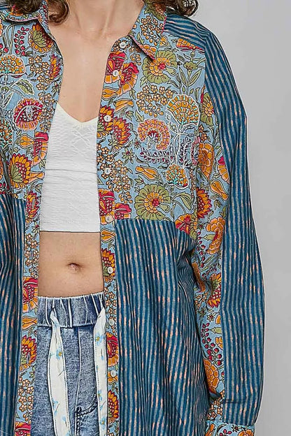 POL Patchwork Mixed Textured Paisley Floral Stripe Long Sleeve Shirt - Bitsy Gypsy Boutique