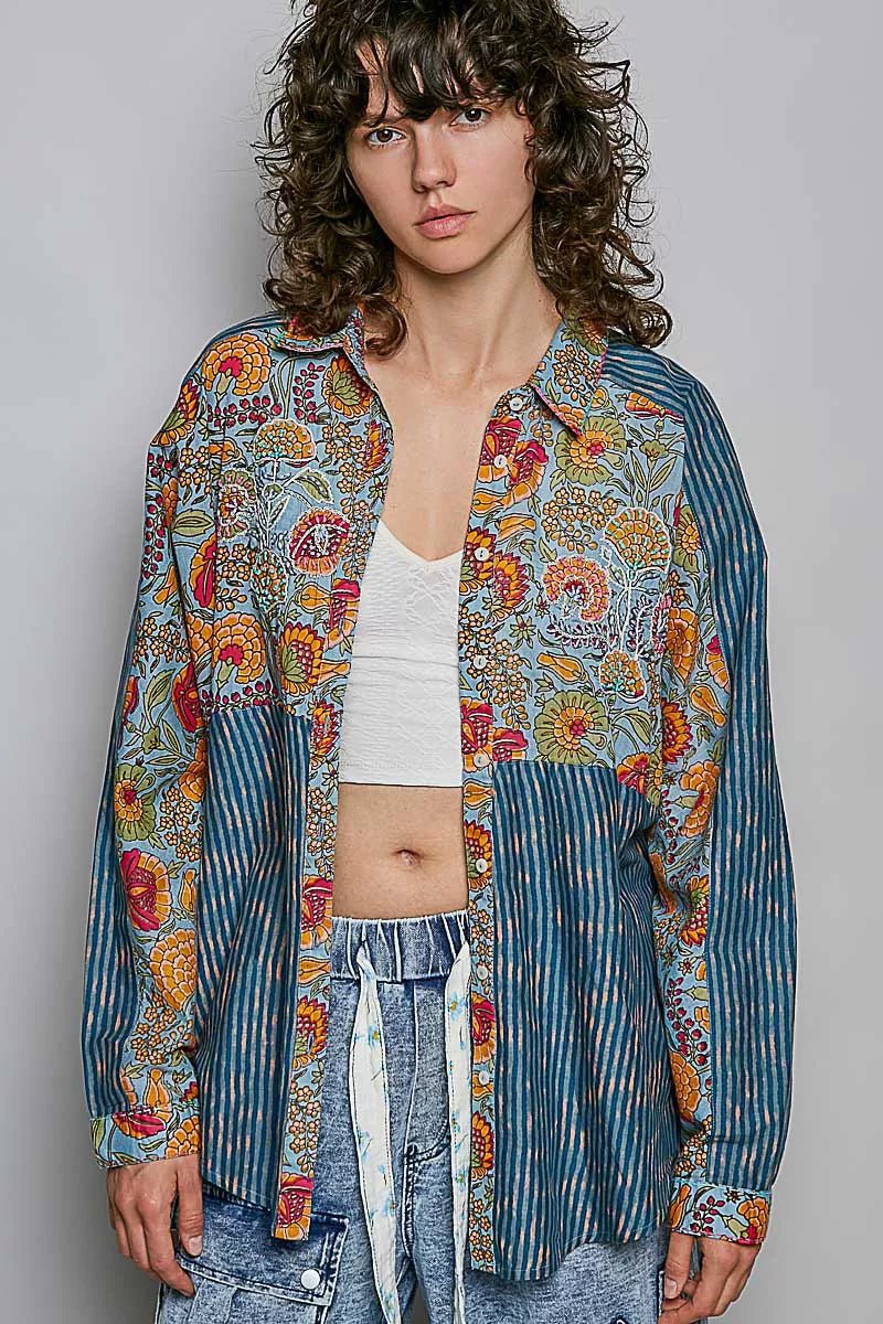 POL Patchwork Mixed Textured Paisley Floral Stripe Long Sleeve Shirt - Bitsy Gypsy Boutique