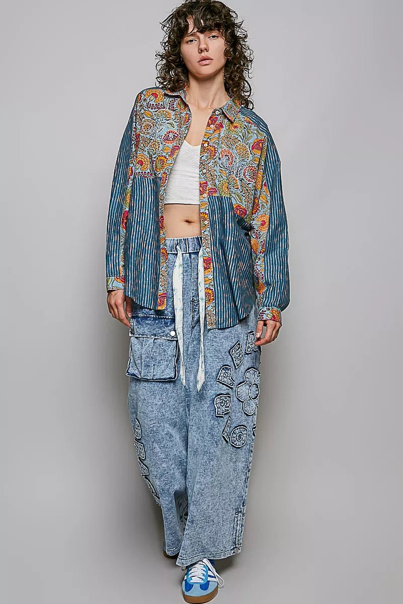 POL Patchwork Mixed Textured Paisley Floral Stripe Long Sleeve Shirt - Bitsy Gypsy Boutique