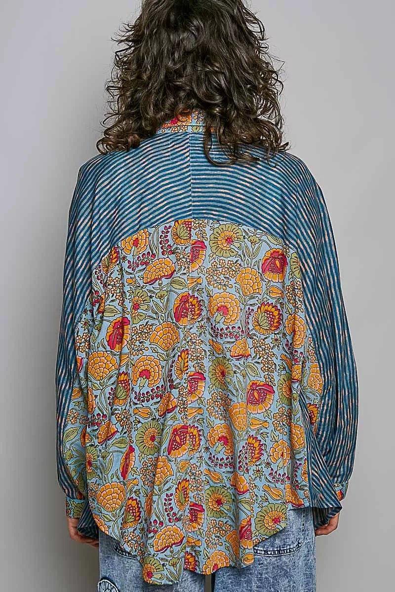 POL Patchwork Mixed Textured Paisley Floral Stripe Long Sleeve Shirt - Bitsy Gypsy Boutique