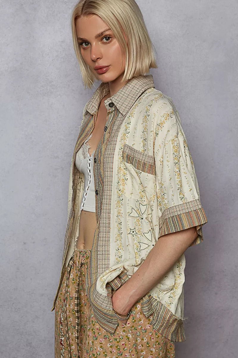 POL Printed Button Down Patchwork Short Sleeve Shirt - Bitsy Gypsy Boutique